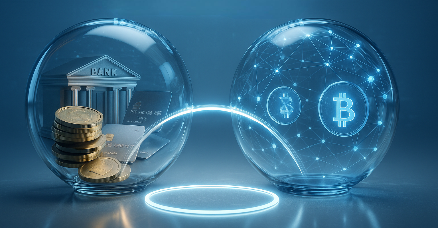 Fiat and blockchain convergence visual — hybrid iGaming systems 2026 concept art